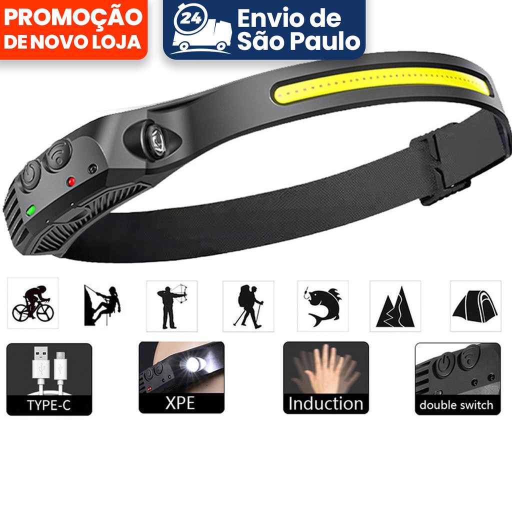 Lanterna de Cabeça Recarregável Led Corpo Motion Camping Torch Light Lamp Com Usb