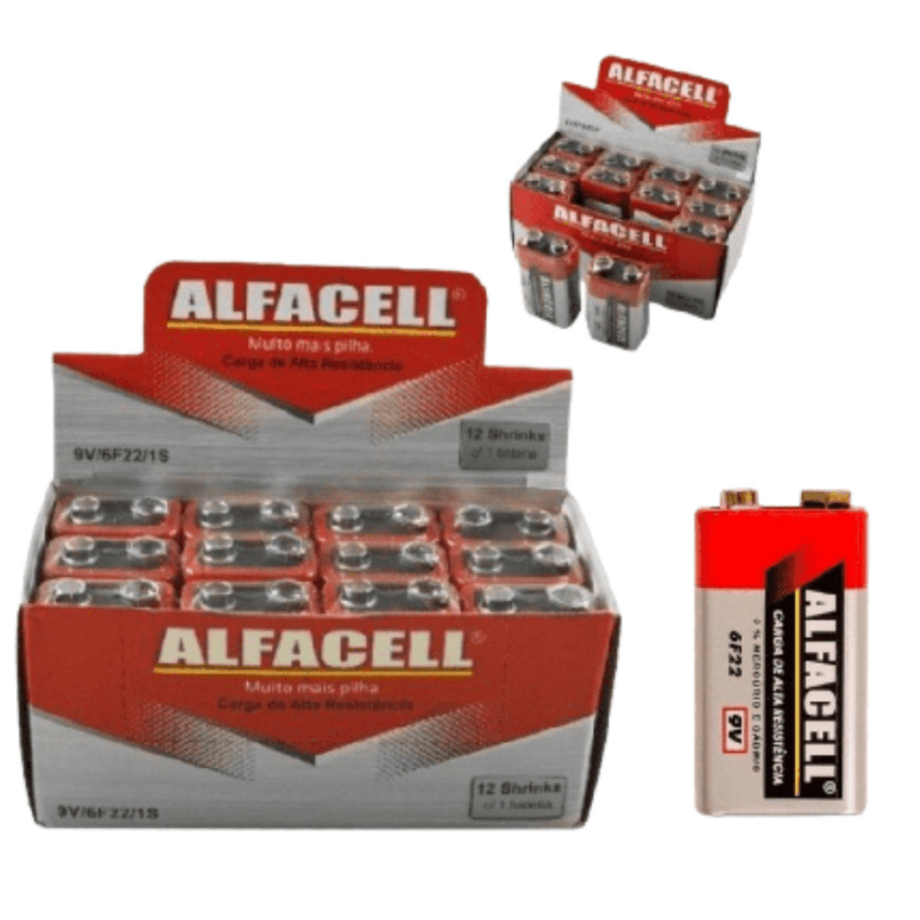 Bateria 9v pilha retangular alfacell caixa com 12 unidades
