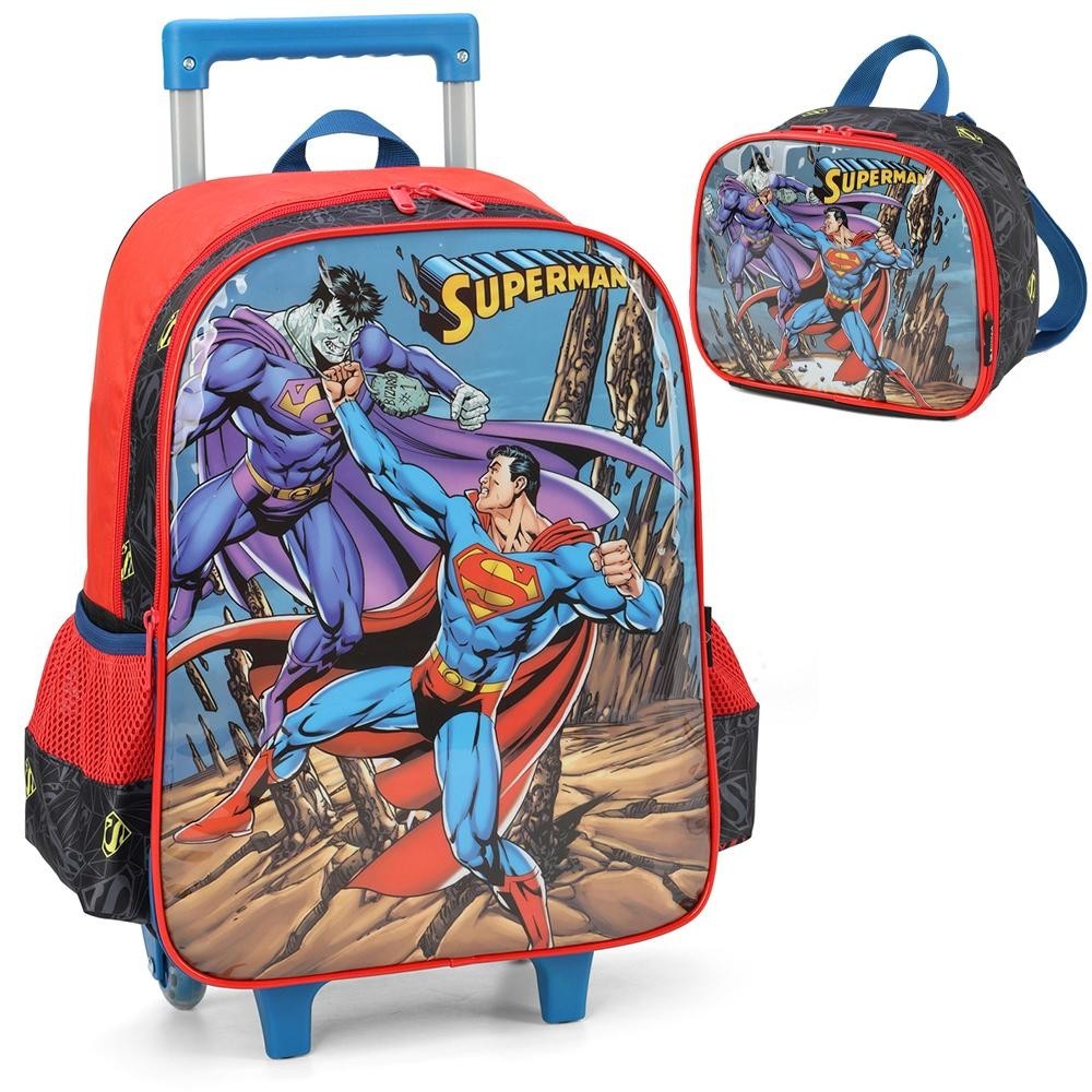 Kit Mochila Rodinhas Lancheira Luxcel Superman Azul | Shopee Brasil