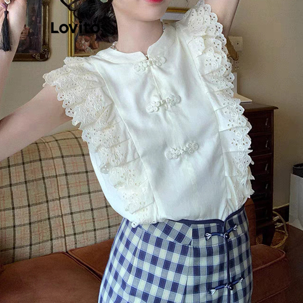 Lovito Blusa Casual De Renda Com Costura Em Tecido Liso Para Mulheres LNE42178