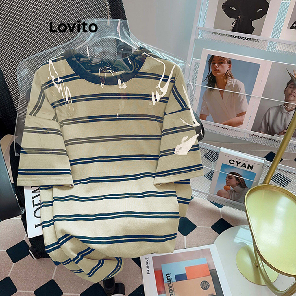 Lovito Casual Camiseta Feminina Listrada Colorblock LNE31241 (Damasco)