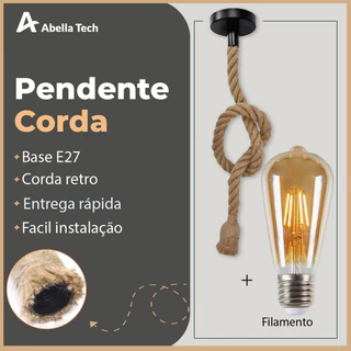 Pendente Corda + Filamento LED 1M Retro Vintage Rústico Sisal E27 Para Decoração Com Detalhes Pérola Preta | Filamento ST64, G80, G95 , G125, G45 ou ST64