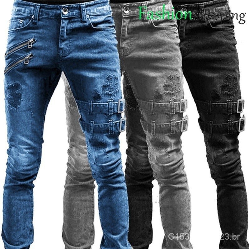 Men's Preto Stretchy Skinny Rasgado Jeans, Calças Lápis, Calças