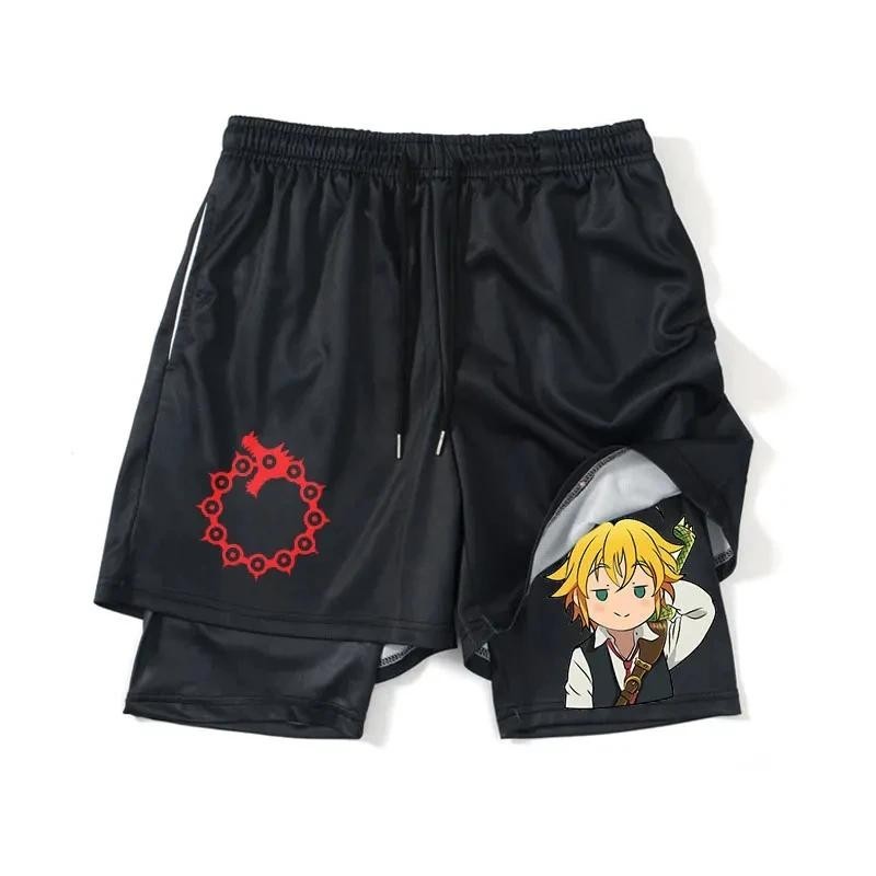Anime Sete Pecados Mortais Calções Esportivos Masculinos Secos 2 Em 1 De Verão Impressos 5XL