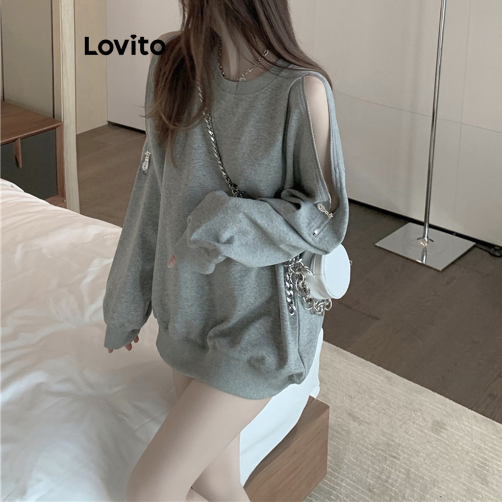 Lovito Moletom Casual Simples Com Zíper De Ombro Frio Para Mulheres LNA35067 (Cinza)