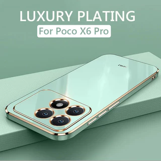 Capa De Luxo Para Telefone De Revestimento Quadrado Xiaomi Poco X6 Pro PocoX6 PocoX6Pro 5G Traseira Em Silicone Macio À Prova De Choque