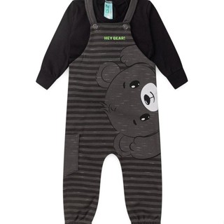 Conjunto Jardineira Bebê Moletom Menino - Urso - Chumbo e Preto