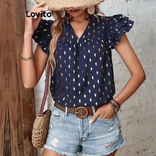 Lovito Blusa Boho Bolinhas Plissadas Com Babados Para Mulheres LNL36063 (Azul Escuro)