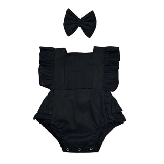 Romper Jardineira Body Liso Preto com Faixinha Tricoline 100% Algodão Roupa Bebê Menina