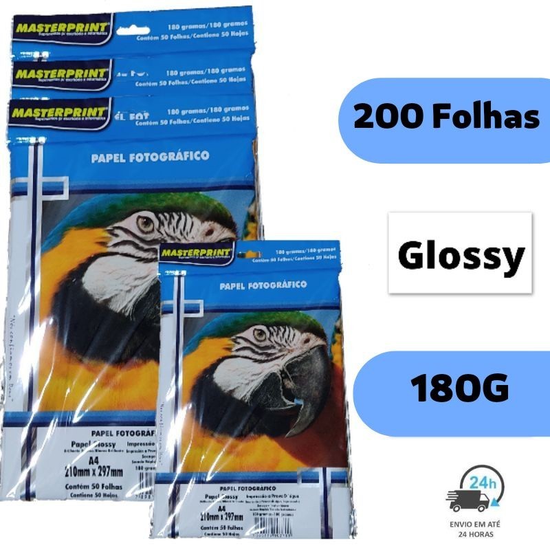 200 Folhas De Papel Fotografico 180g Glossy Brilho A4 Masterprint