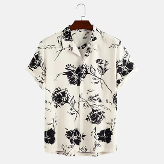 Flor De Planta Masculina Camisa De Manga Curta Impressa Com Botão Casual Up Colarinho Retro Street Dragon Versátil Feminina