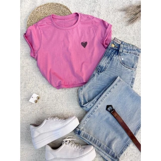 Cropped Liso Basica T-shirt curto feminina tecido algodão 100% Gola Careca simples Estampa coração