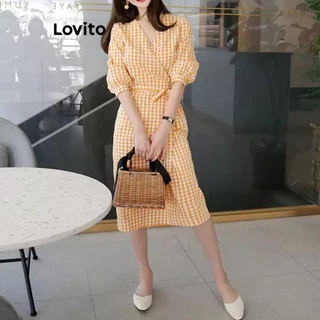 Lovito Vestido com Laço na Frente Simples para Mulheres LNA36101 (Amarelo)