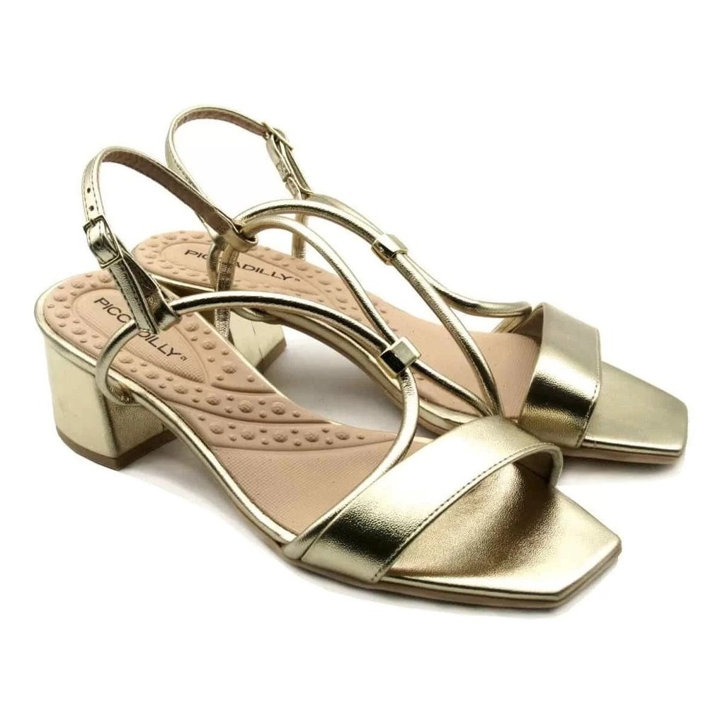Sandália festa Piccadilly dourada salto baixo e bloco