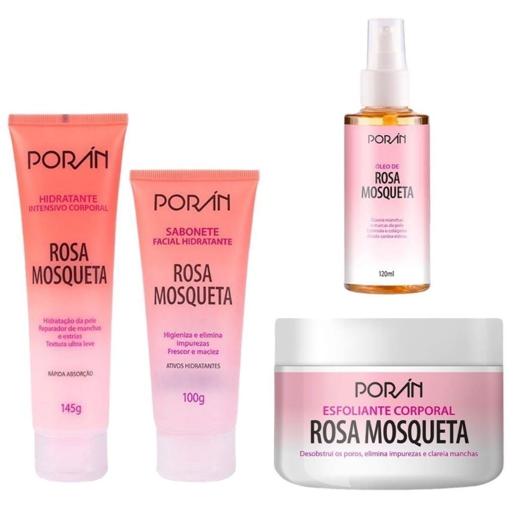 Kit Cuidados com Corpo e Rosto Sabonete Hidratante Esfoliante Óleo Rosa Mosqueta Porán Hot Sale