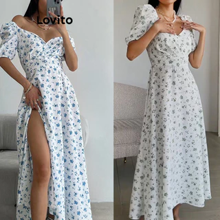 Lovito Vestido com Divisão Floral Delicada Boho para Mulheres LNL35087 (Vermelho/Verde/Azul)
