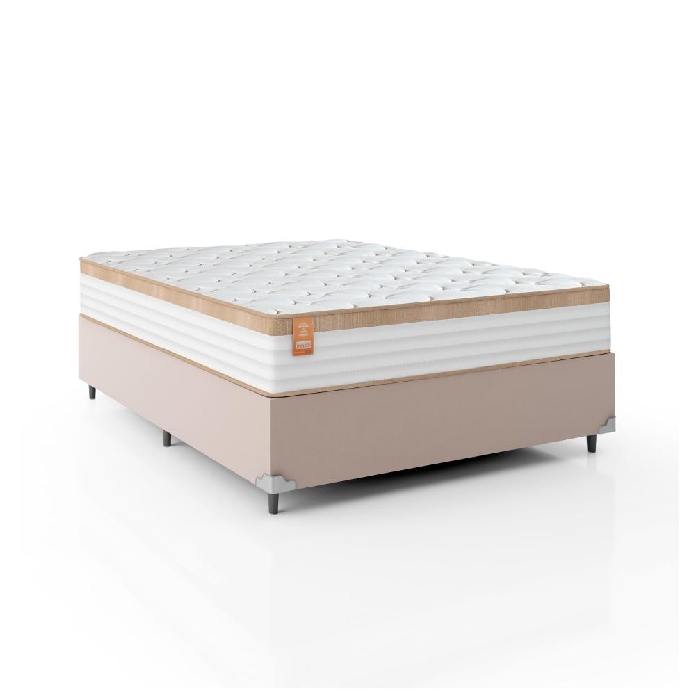 Cama Box Casal Colchão Molas Ensacadas Real 138x188x65cm Branco / Bege - Suporta até 130Kg Por Pesso