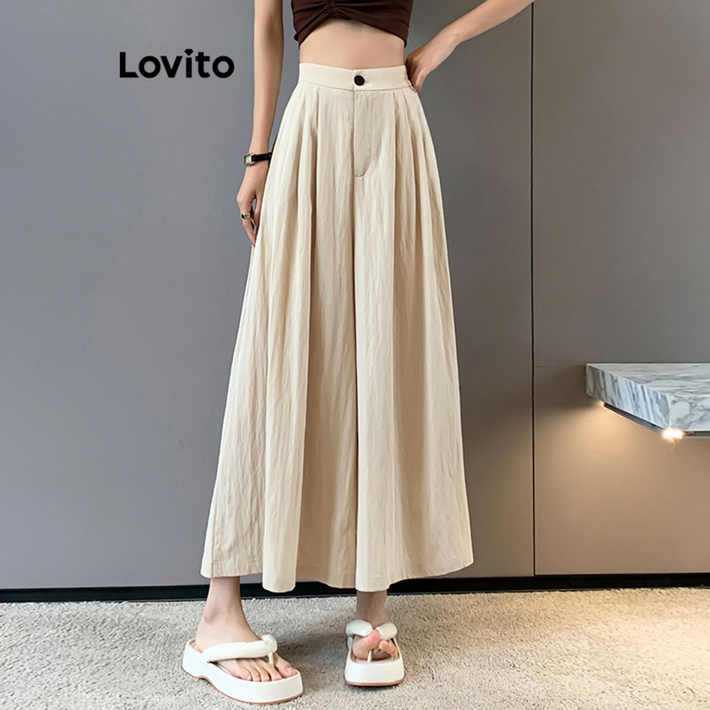 Lovito Calça Casual Drapeada Lisa com Botão Para Mulheres LNE47178