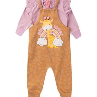 Conjunto Jardineira Bebê Moletom Menina - Girafa - Marrom e Rosa