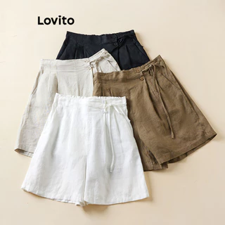 Lovito Shorts Casuais Lisos Com Renda E Bolso Plissado Para Mulheres LNL42102
