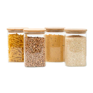 Kit 4 potes de vidro 1,1L tampa de bambu herméticos quadrado - Tud