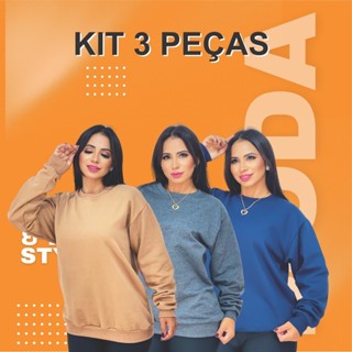 Kit 3 Moletom Gola Redonda Unissex Blusa De Frio Basico Careca Casaco Feminino Masculino Flanelado Liso Sem Estampa Algodão