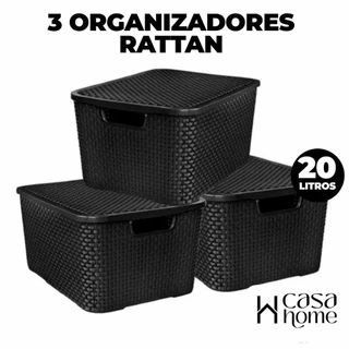 Kit Caixas Organizadoras Com Tampa Cesto Rattan 20 Litros Preta Armários e Brinquedos