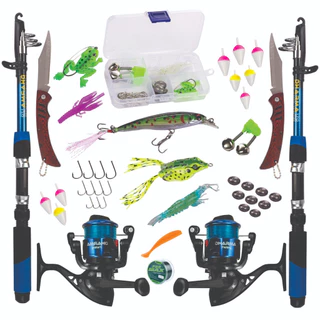 KIT DE PESCA C/2 VARAS + 2 MOLINETES + ISCAS + 2 CANIVETES + ITENS