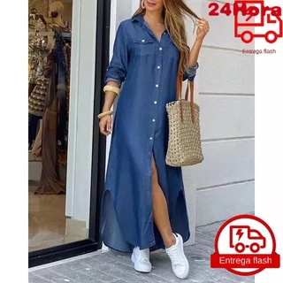 Vestido longo casual soltinho feminino com lapela estampada manga longa
