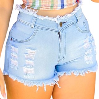 Short Jeans Feminino Cintura Alta Bermuda Cós Alto Desfiado