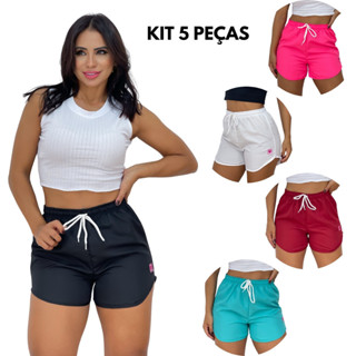 shorts Feminino Tactel Kit Com 5 Peças Moda Verão Saída de praia Shortinho Canga Bermuda de Academia Envio Rápido