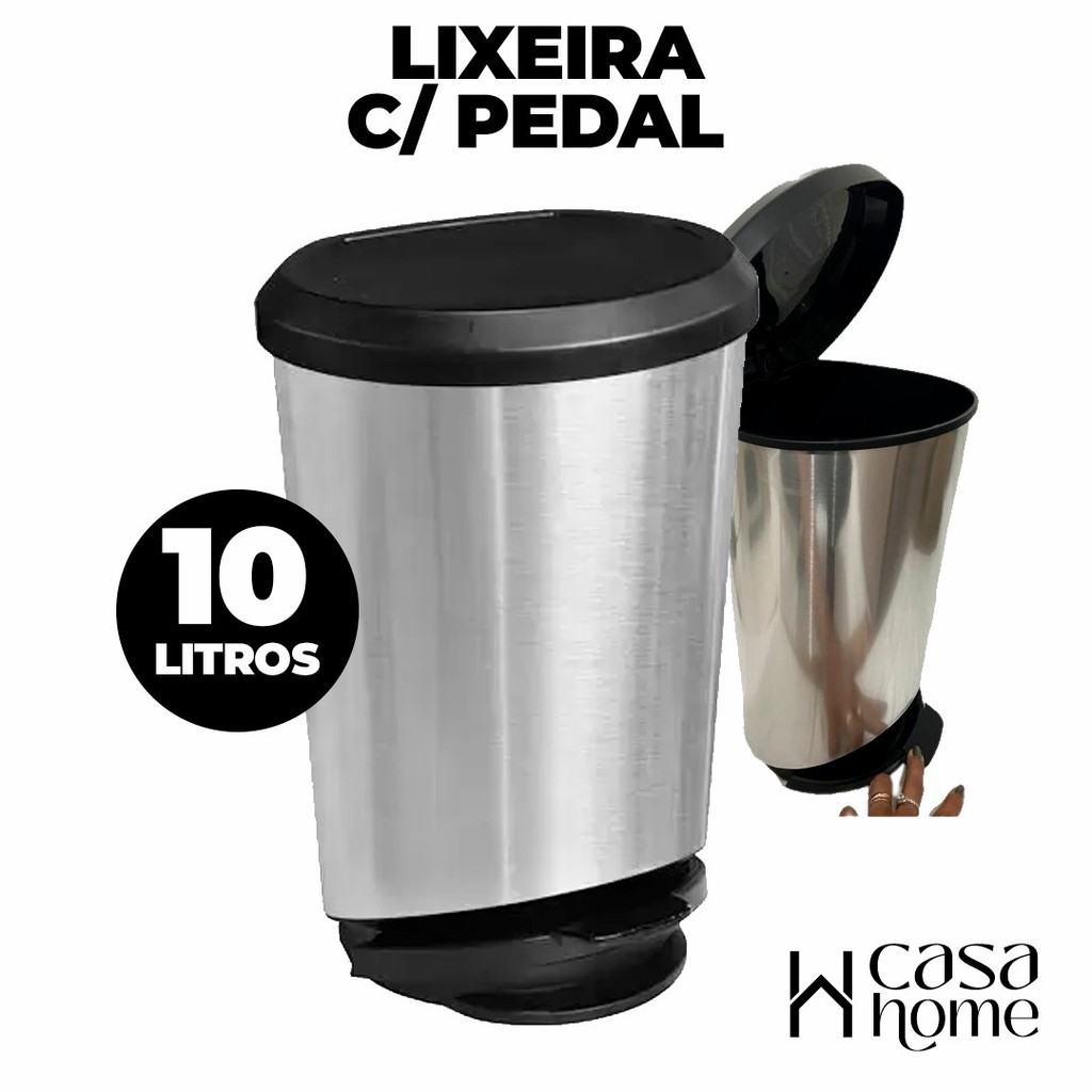 Lixeira Com Pedal e Tampa Label 10 litros Inox Cozinha Escritório Banheiro