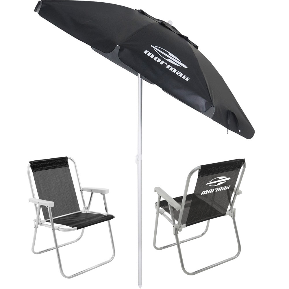 kit guarda sol + 2 cadeira praia mormaii preta bel fix