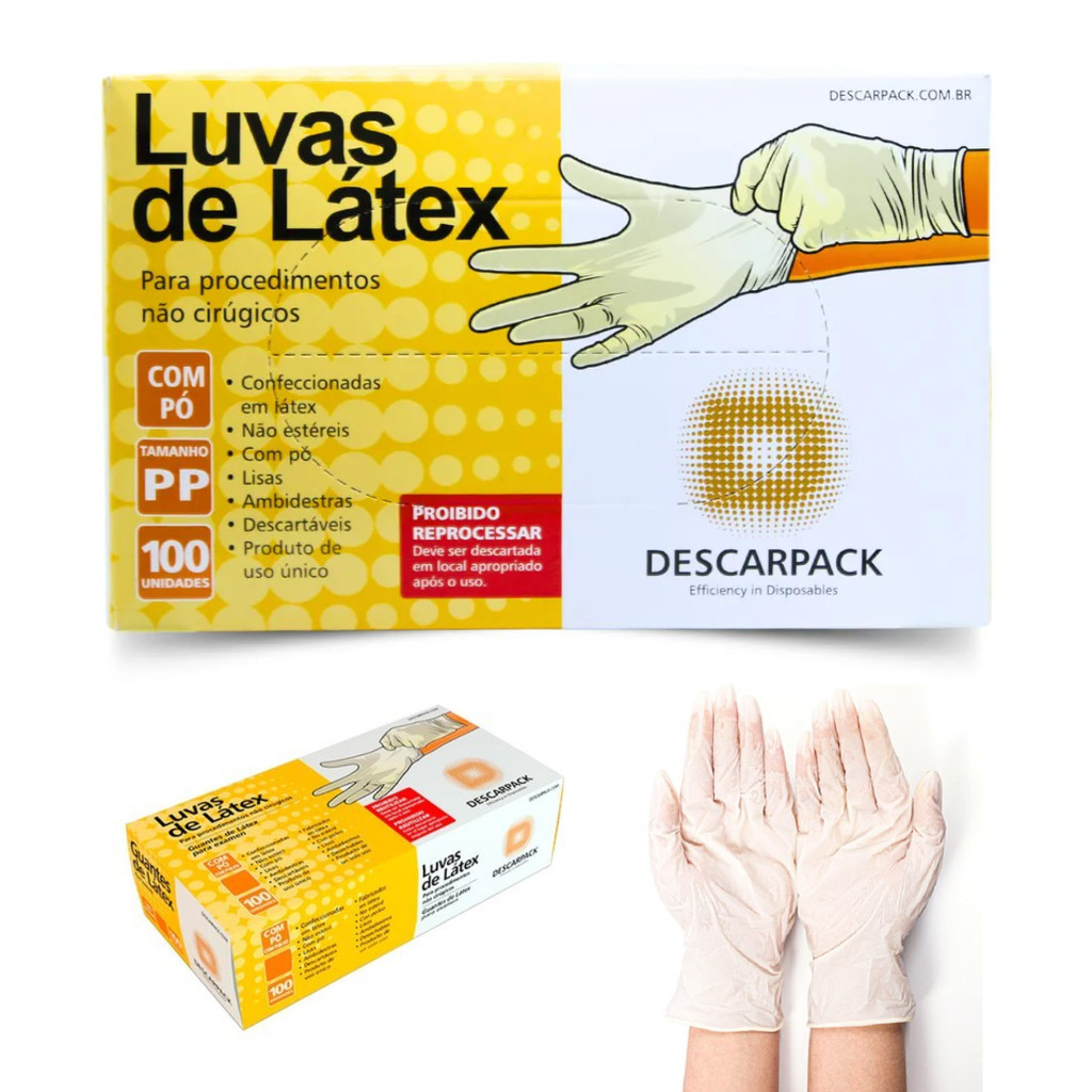 Luva de Látex - Tamanho PP, P, M e G - Com Pó Descartável de ...