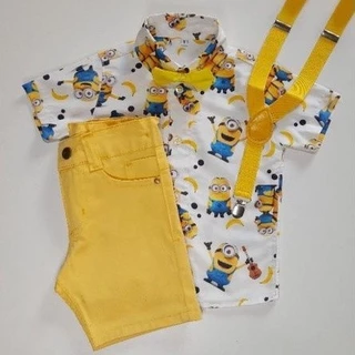 Conjunto temático infantil minions contendo camisa short suspensório e gravata - roupa personagem menino aniversário