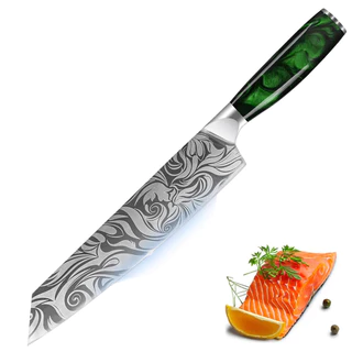 MODS 9" Afiado Faca De Cozinha Aço Inoxidável Damasco Verde Cabo De Resina Churrasco Carne Cheff Faca Sushi Sashimi De Salmão 36cm