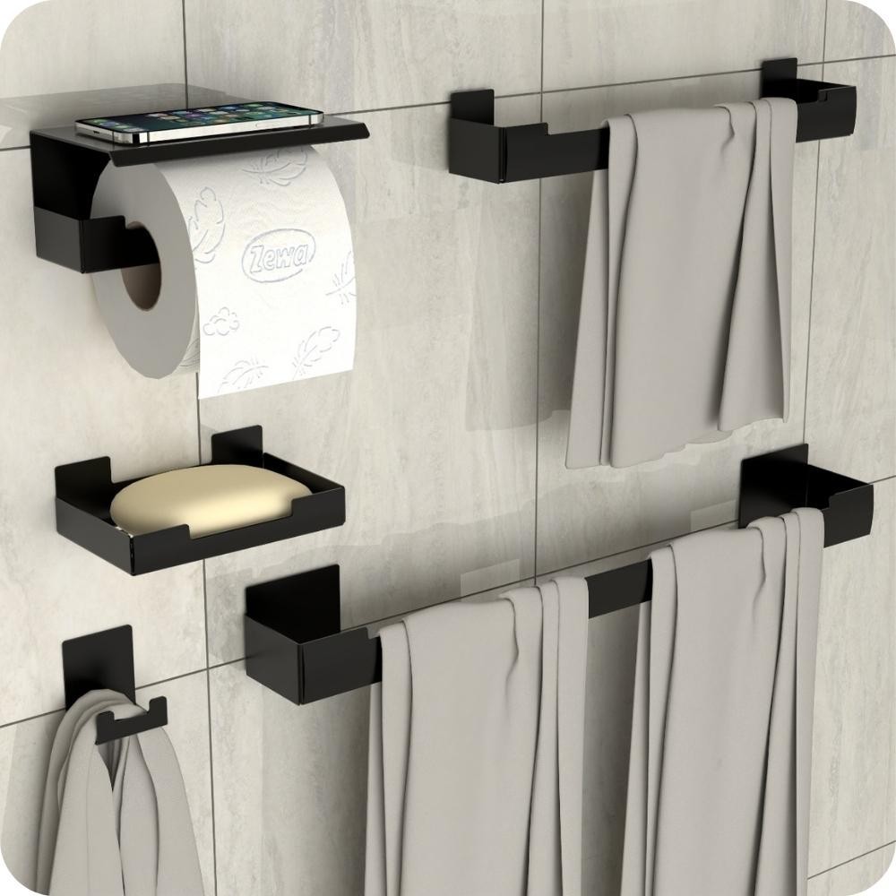 Kit Acessórios Para Banheiro Preto Adesivo 5pçs ELG