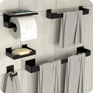 Kit Acessórios Para Banheiro Preto Adesivo 5pçs ELG