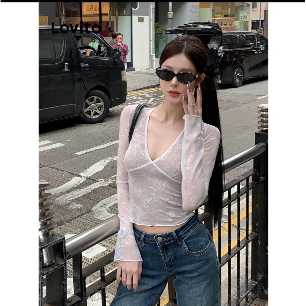 Lovito Blusa casual de renda lisa para mulheres LNA56268