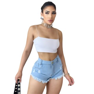 Short Jeans Feminino Azul Claro Curto Barra Desfiada Promoção