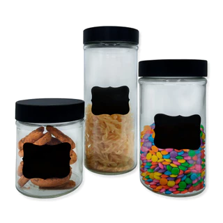 Kit Conjunto 3 Potes Vidro Redondo para Mantimentos Com Tampa e Adesivo Lousa P/ Escrever