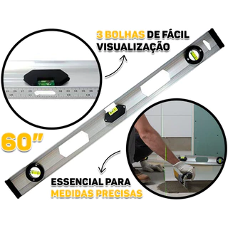 Nível Liga De Alumínio 3 Bolhas Para Carpintaria Construção Medição Profissional 60cm Hutz