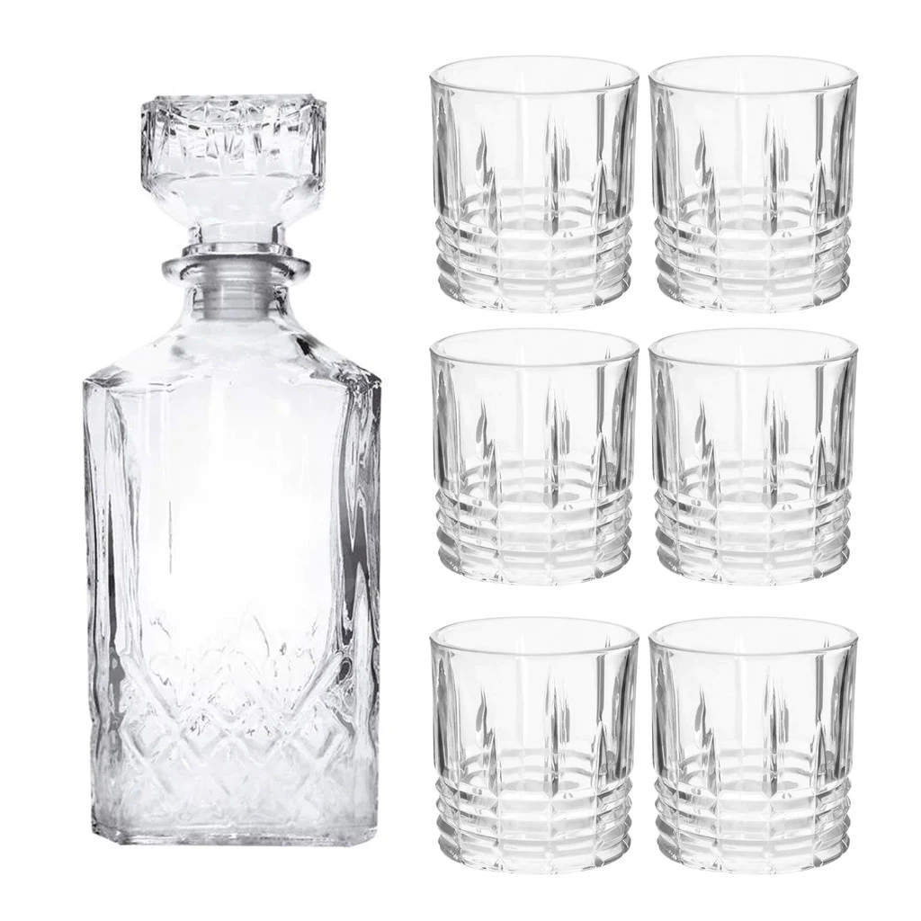 Garrafa Vidro Whisky 900ml + 6 Copos Whisky Luxo Mimo Style