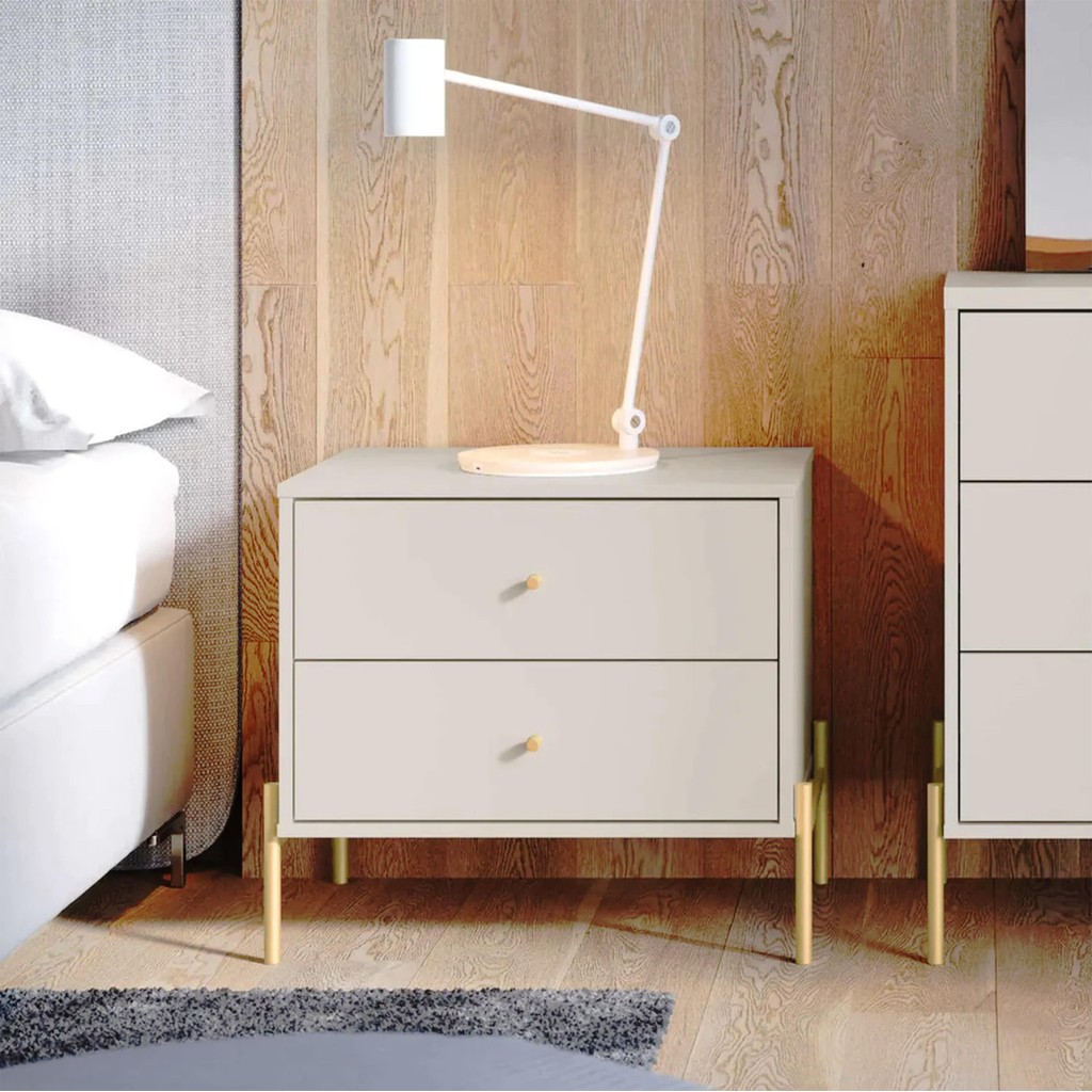 Mesa de Cabeceira 2 Gavetas Jasper 64 cm - Off White Fosco c/ Dourado