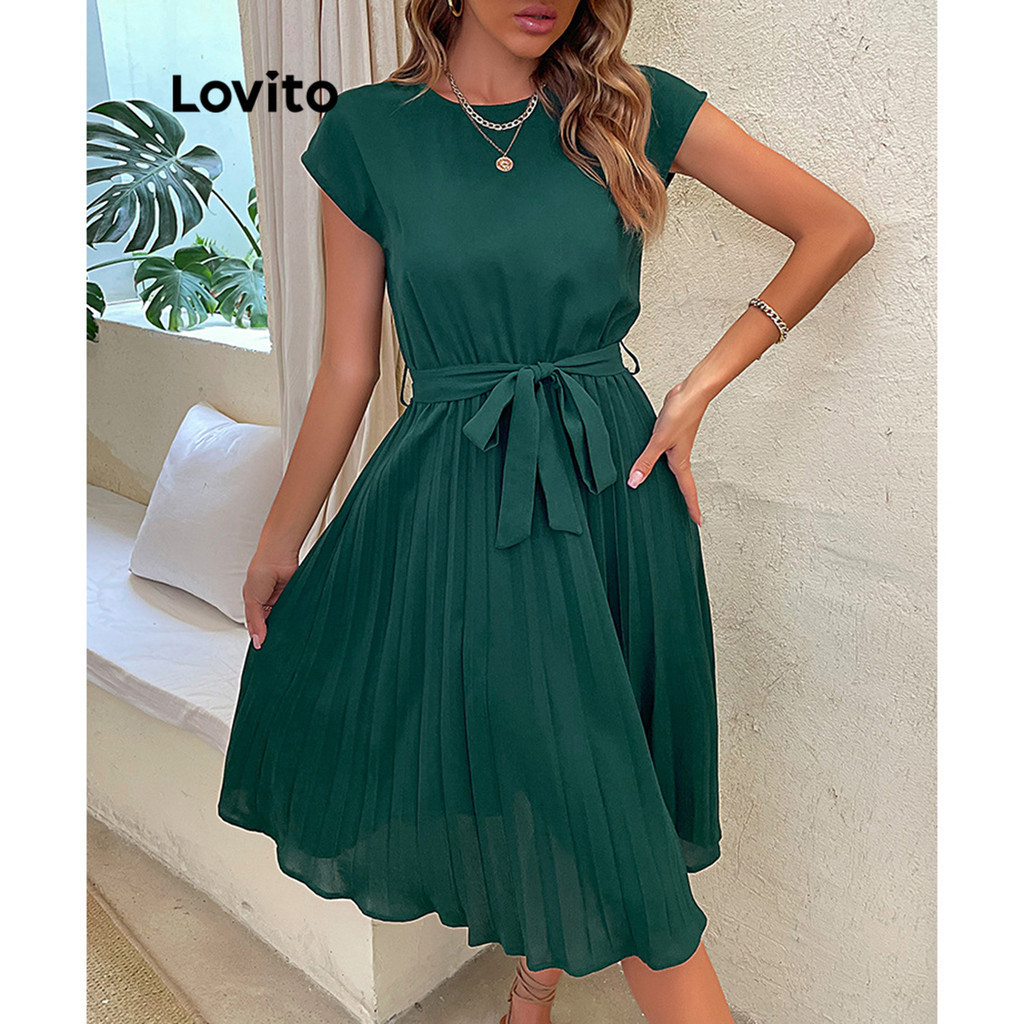 Lovito Elegante Vestido Feminino Liso Plissado com Cinto LNL41088