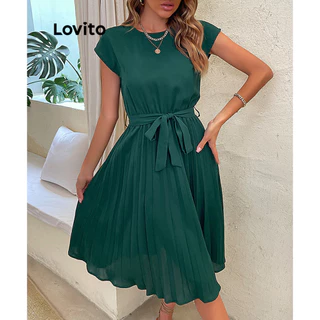 Lovito Elegante Vestido Feminino Liso Plissado com Cinto LNL41088