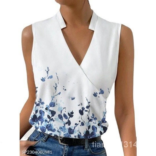 Social Women's Blusa Branca Elegante Camisas Curtas E Blusas Moda Verão 2023  V Pescoço Azul Chiffon Feminina