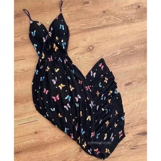 Vestido longo Aline com alça estampa borboleta