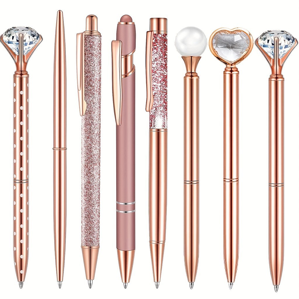 Kit 3/5/8 Canetas Rose Golden Esferográfica Conjunto De Caneta Glitter De Areia Líquida De Cristal De Metal Diamante Tinta Preta Feminina Presentes Para Artigos De Escritório De Casamento