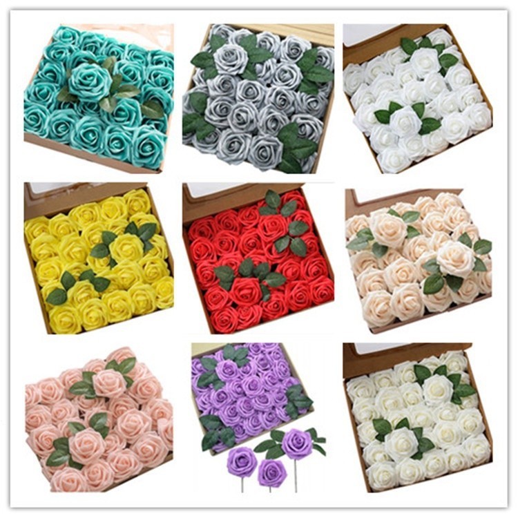 25pcs rosa na caixa 8cm imitação pe rose com espuma haste flor do casamento casa decoração REFX